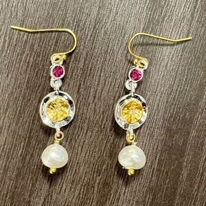 Gold & Silver Disc Pearl Dangle Earrings